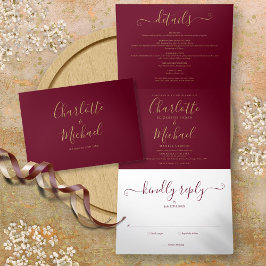 Burgundy Elegant Gold Script Foto Wedding Dreifach Gefaltete Einladung