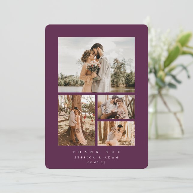 Burgundy Elegant Minimal 4 Foto Hochzeit Wohnung Dankeskarte (Stehend Vorderseite)
