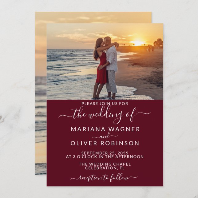 Burgundy Elegant Script Foto Wedding Einladung (Vorne/Hinten)