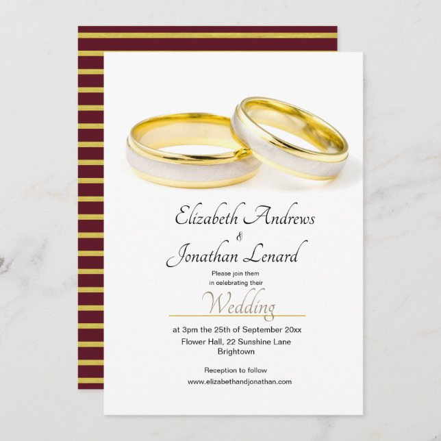 Burgundy Elegant Simple Rings Wedding Einladung (Vorne/Hinten)