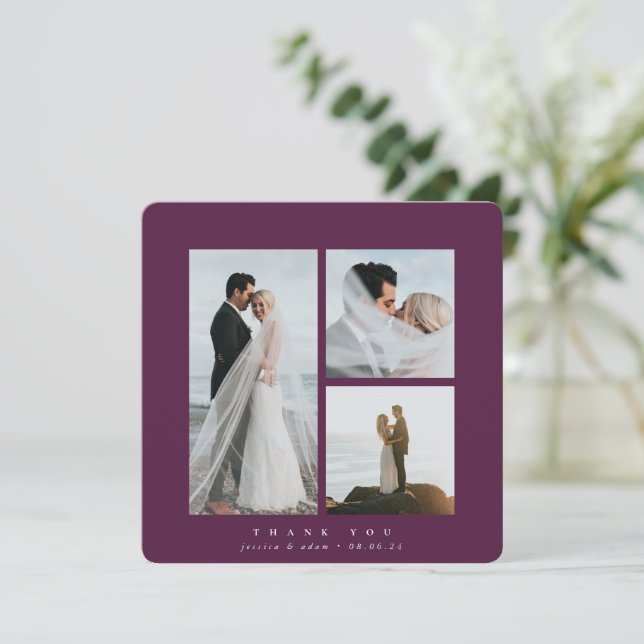 Burgundy Elegant Square Drei Foto Hochzeit Dankeskarte (Stehend Vorderseite)