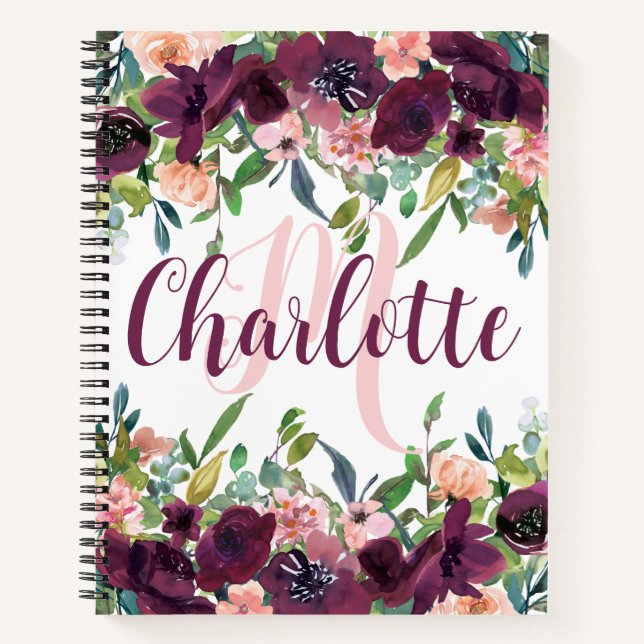 Burgundy elegante Floral Sketchbook Monogram Name Notizbuch (Vorderseite)