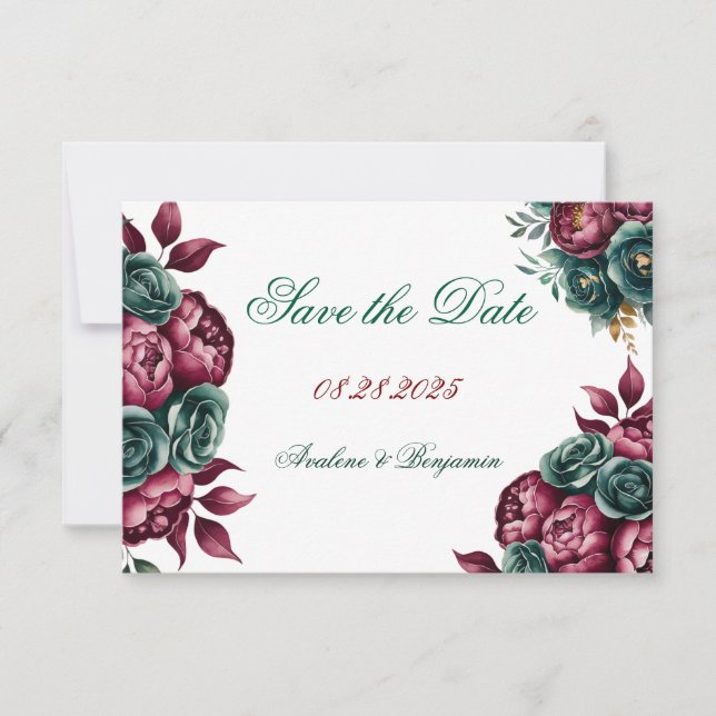 Burgundy Emerald Green Peony Gold Trim Wedding Save The Date (Vorderseite)