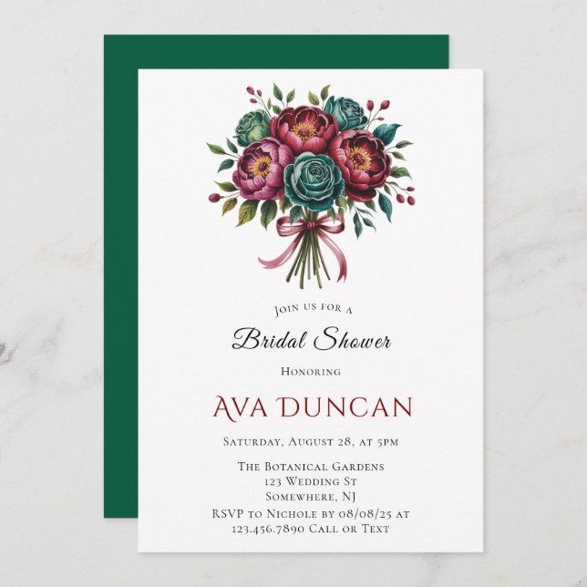 Burgundy & Emerald Peony Winter Brautparty Einladung (Vorne/Hinten)