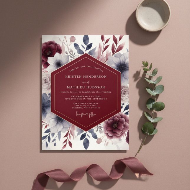 Burgundy Ethereal Flourish Wedding Einladung (Von Creator hochgeladen)