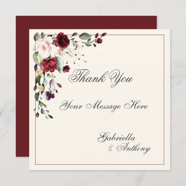 Burgundy Eucalyptus Floral Wedding Dankeskarte (Vorne/Hinten)
