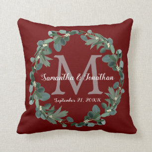 Burgundy Eucalyptus Monogram Wedding Keepake Kissen