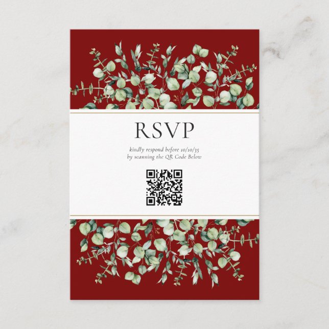 Burgundy Eucalyptus QR Code Wedding RSVP Begleitkarte (Vorderseite)