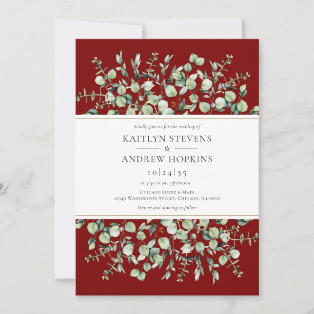 Burgundy Eucalyptus  Wedding Einladung (Vorderseite)
