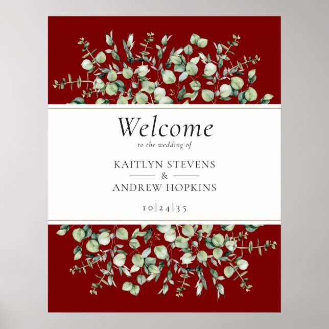 Burgundy Eucalyptus Wedding Willkommen Poster (Vorne)