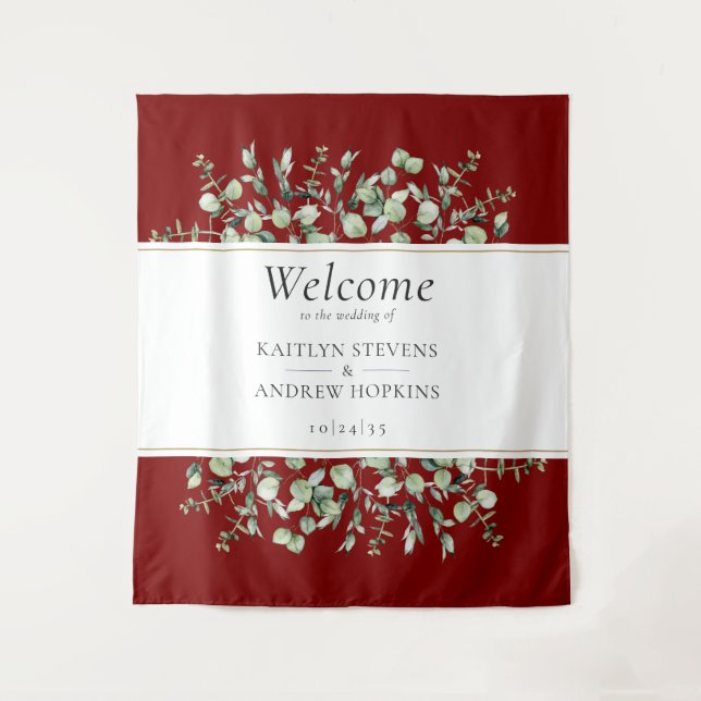 Burgundy Eucalyptus Wedding Willkommen Wandteppich (Vorderseite)