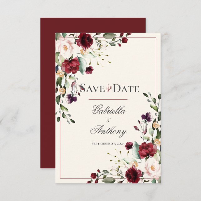 Burgundy Eukalyptus Floral Wedding Save the Date (Vorne/Hinten)
