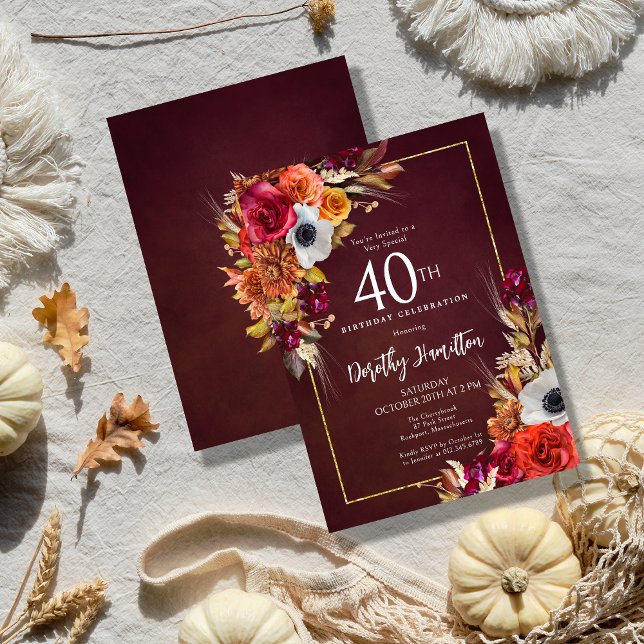 Burgundy Fall Blume Elegantes Skript 40. Geburtsta Einladung (Bold Fall Floral 40th Birthday Invitation. Available in Paper or Digital Download)