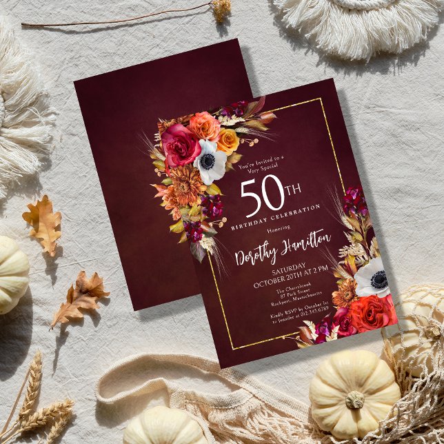 Burgundy Fall Blume Elegantes Skript 50. Geburtsta Einladung (Fall Flowers and a Burgundy Red Background Create a Dramatic 50th Birthday Invitation)