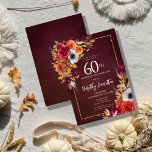 Burgundy Fall Blume Elegantes Skript 60. Geburtsta Einladung<br><div class="desc">Schöne Blume aus dem Fall zieren zwei Ecken eines goldenen Rahmens. Rote Rosen,  Terrakotta-Blume und weiße Bäume harmonieren mit grünen Blätter und Blattwerk. Die Blume und der moderne weiße Skript-Pop vor dem bordeauxroten Hintergrund. Dieser Artikel ist Teil der Burgundy Fall Blume Kollektion.</div>