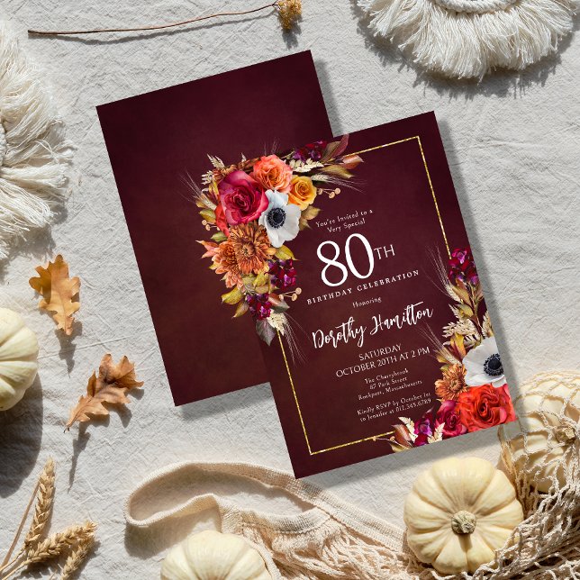Burgundy Fall Blume Elegantes Skript 80. Geburtsta Einladung (Elegant Fall Flowers on a Burgundy Background Create a Dramatic Autumn birthday invitation)