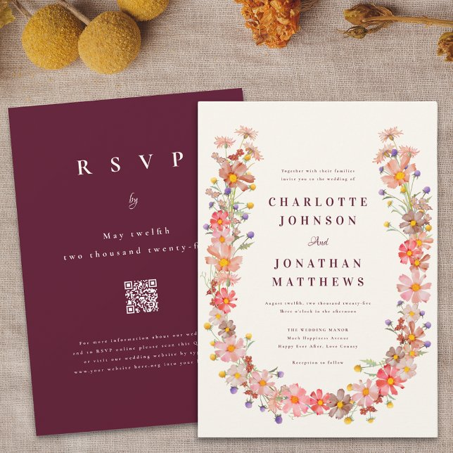 Burgundy Fall Boho Rustic Floral QR Code Hochzeit Einladung (Boho wildflower wreath burgundy fall floral wedding invitation elegant stylish bohemian )