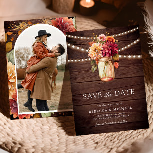 Burgundy Fall Dahlia Mason Jar Foto Wood Wedding Save The Date
