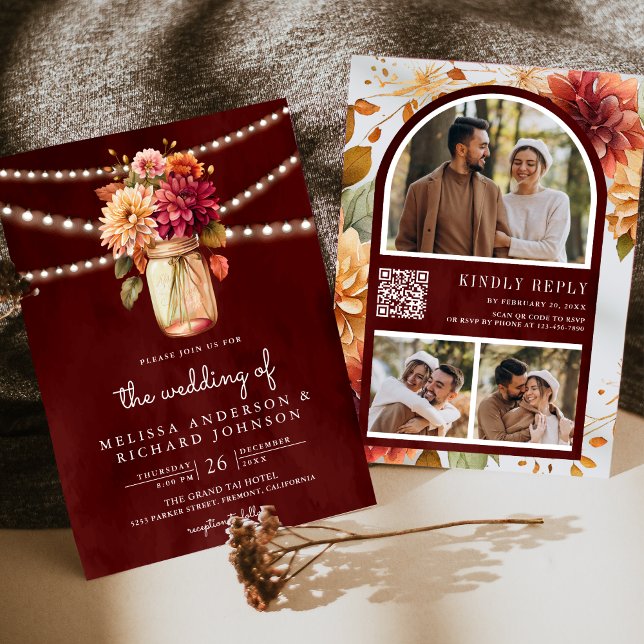 Burgundy Fall Dahlia Mason Jar QR Code Wedding Einladung (Von Creator hochgeladen)