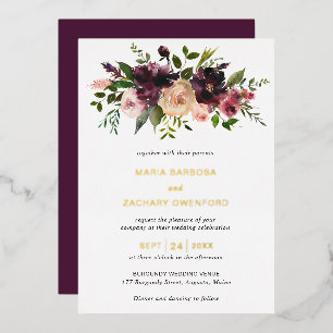 Burgundy Fall Floral Elegante Hochzeit Folieneinladung