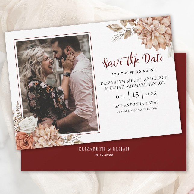 Burgundy Fall Floral Foto Hochzeit speichern das D Einladung (A beautiful fall save the date for your upcoming wedding.)