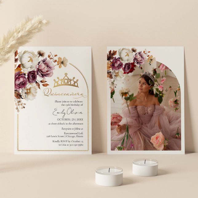 Burgundy Fall Floral Herbst Quinceanera Foto Einladung (Von Creator hochgeladen)