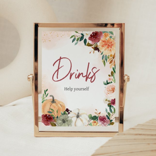 Burgundy Fall Floral Pumpkin Baby Dusche Drinks Poster (Fall Floral Pumpkin Baby Shower Drinks Sign)