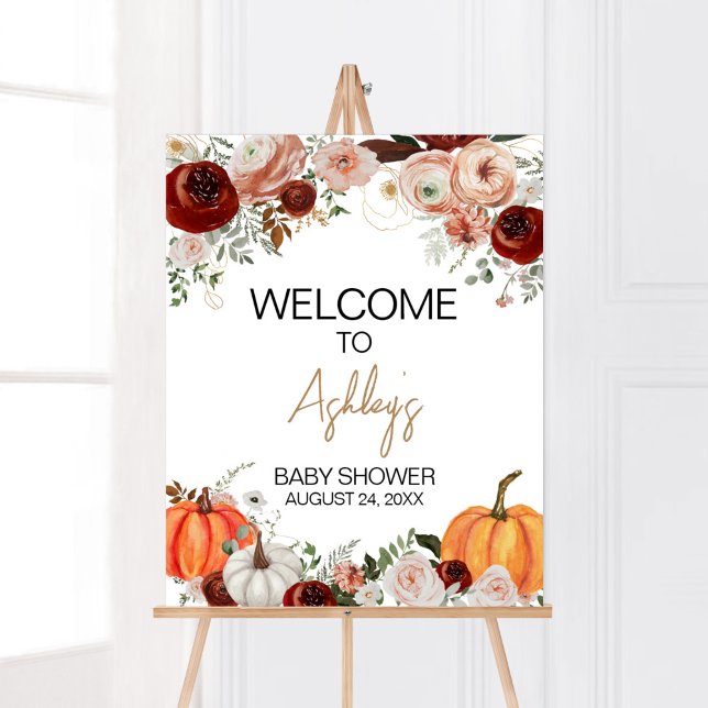 Burgundy Fall Floral Pumpkin Willkommen Poster (Fall Floral Pumpkin Baby Shower Welcome Sign)
