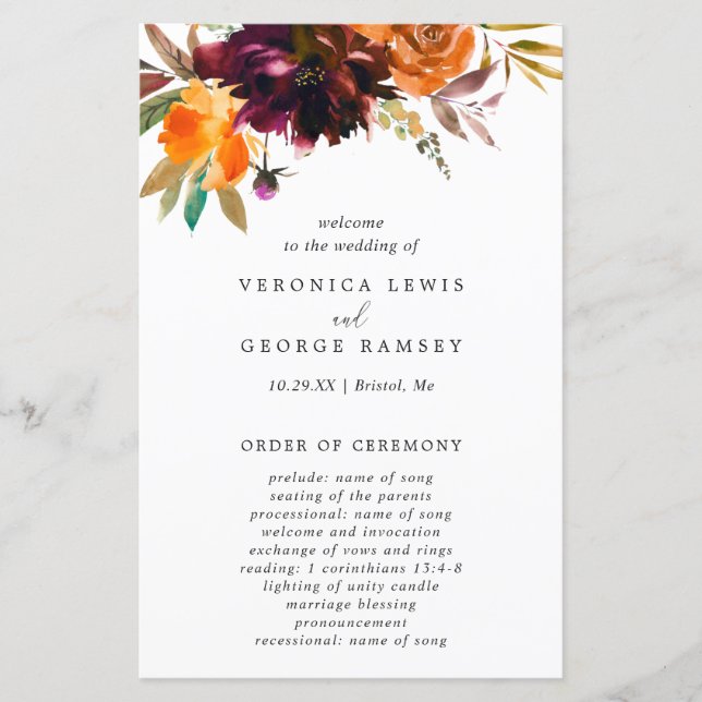 Burgundy Fall Floral Rustic Wedding Programm (Vorderseite)