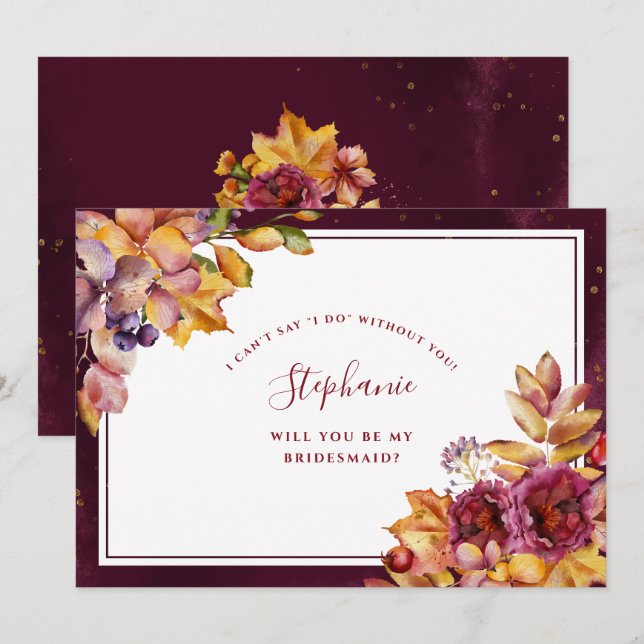 Burgundy Fall Floral Wasserfarbe Blätter Bridesmai Einladung (Vorne/Hinten)