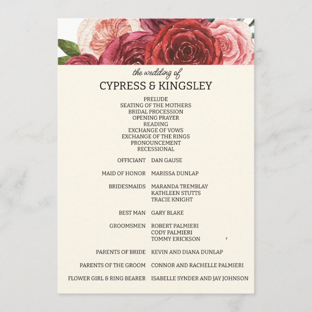 Burgundy Fall Floral Wedding Program Programm (Vorderseite)