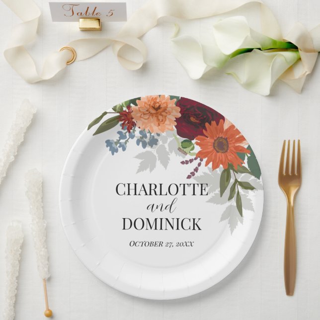 Burgundy Fall Garden Floral Wedding Pappteller (Hochzeit)
