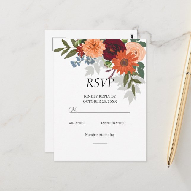 Burgundy Fall Garden Floral Wedding RSVP Card Postkarte (Vorderseite/Rückseite Beispiel)