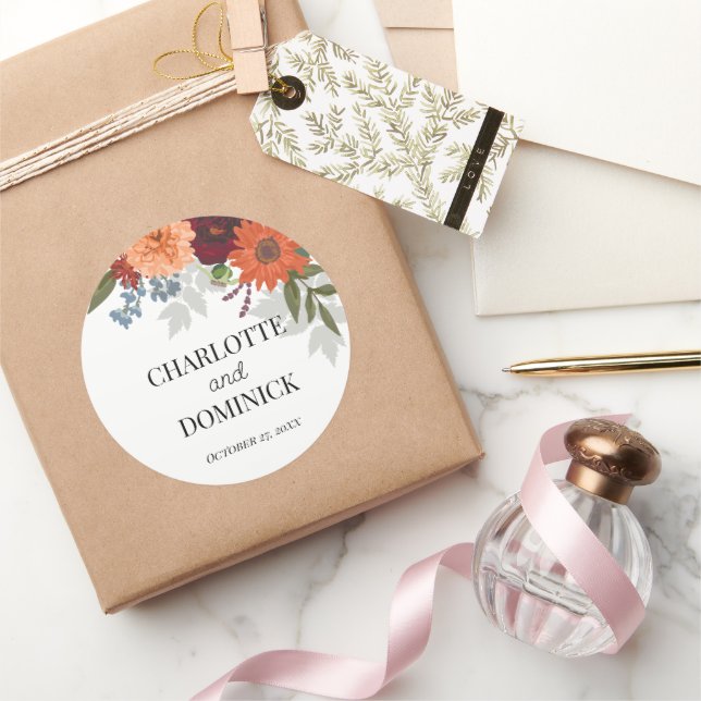 Burgundy Fall Garden Floral Wedding Runder Aufkleber (Schenken)