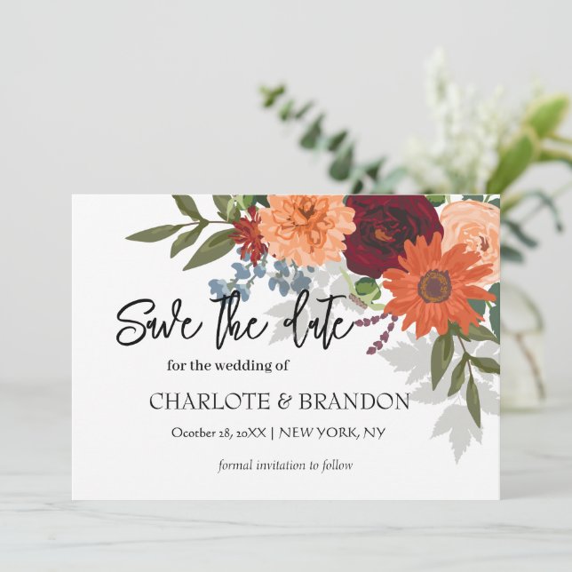 Burgundy Fall Garden Floral Wedding Save The Date (Stehend Vorderseite)