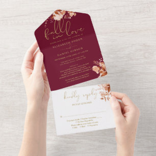 Burgundy Fall in Liebe Blumendetails UAWG Hochzeit All In One Einladung
