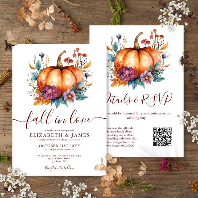 Burgundy Fall in Liebe Pumpkin QR-Code Hochzeit Einladung (Burgundy Fall In Love Pumpkin QR Code Wedding Invitation)