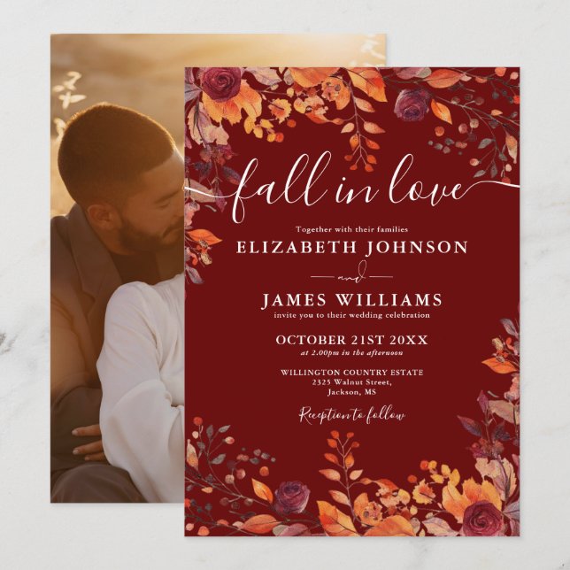 Burgundy Fall In Love Autumn Floral Photo Wedding Einladung (Vorne/Hinten)