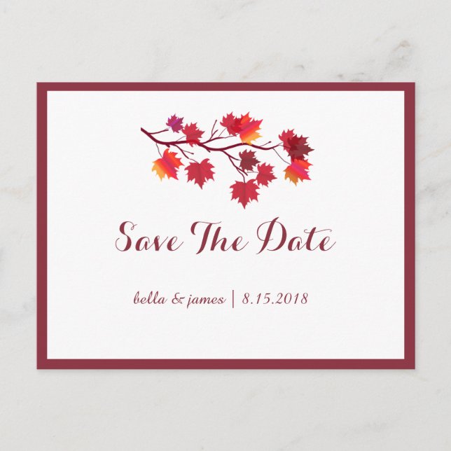 Burgundy Fall Leafs Wedding Save the Date Postcard Ankündigungspostkarte (Vorderseite)