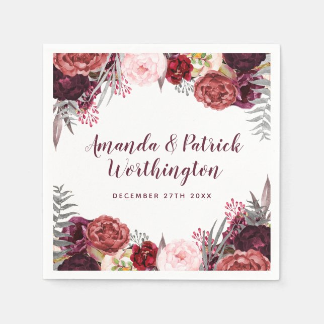Burgundy Fall Marsala Blush Peony Wedding Napkins Serviette (Vorderseite)