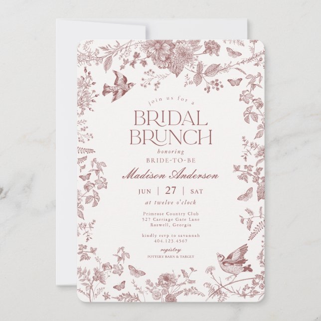 Burgundy Fall Toile De Jouy Floral Bridal Brunch Einladung (Vorderseite)