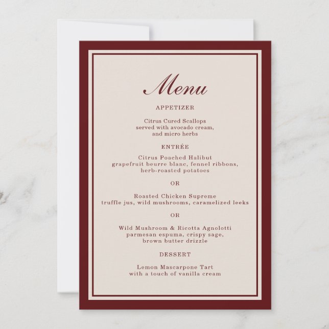 Burgundy Fall Wedding Menu Card Einladung (Vorderseite)