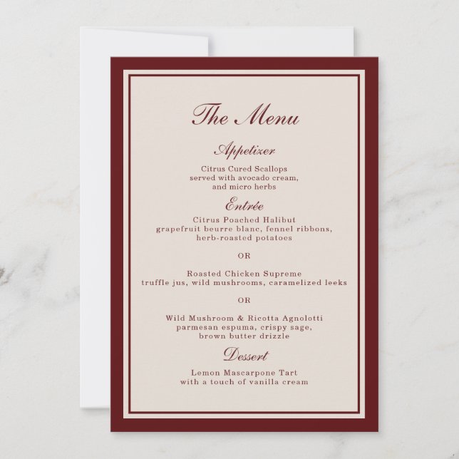 Burgundy Fall Wedding Menu Card Einladung (Vorderseite)
