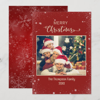 Burgundy Family Foto Snowflake Flat Holiday Card Feiertagskarte