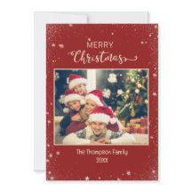 Burgundy Family Photo Snowflake Flat Holiday Card