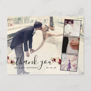 Burgundy Floral 4 Foto Collage Wedding Vielen Dank Postkarte