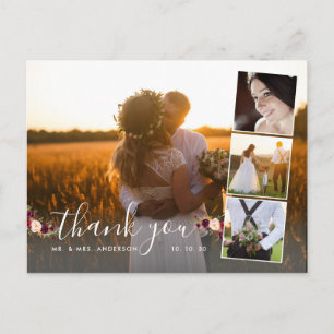 Burgundy Floral 4 Foto Collage Wedding Vielen Dank Postkarte