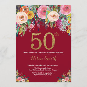 Burgundy Floral 50. Geburtstag Einladung Gold