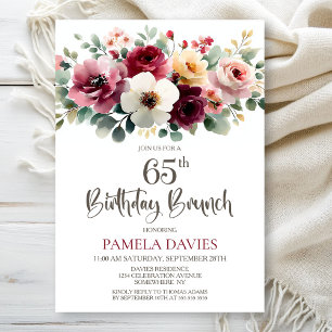 Burgundy Floral 65. Geburtstag Brunch Einladung