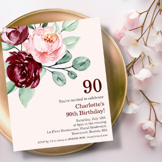 Burgundy Floral 90. Budget Geburtstagseinladung